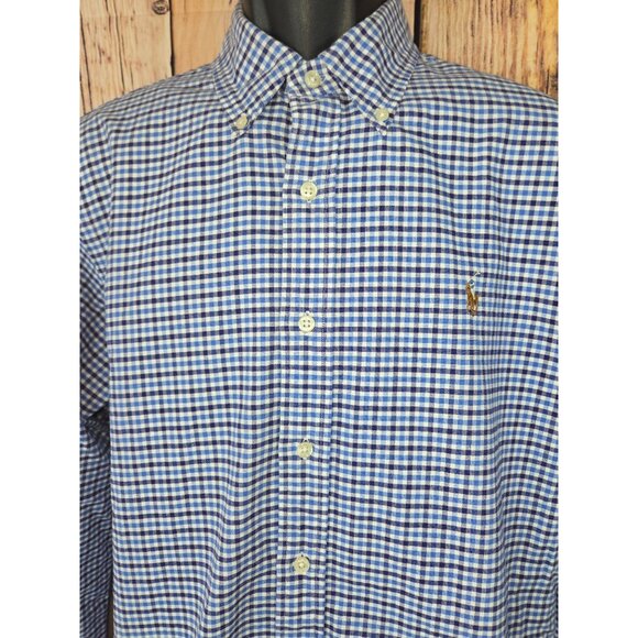 Ralph Lauren Mens Blue Checkered Button-Down Shirt Large Long Sleeve - Picture 3 of 7